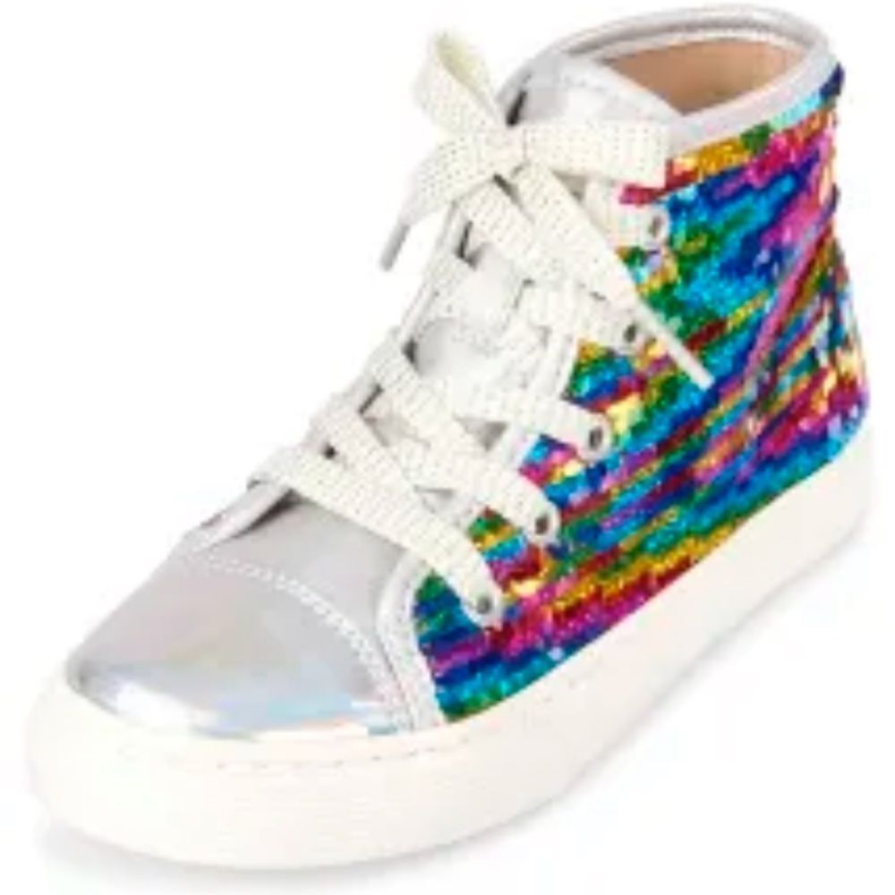 Girls Sequin High Top Sneakers Rainbow Side Zip Silver Shoes